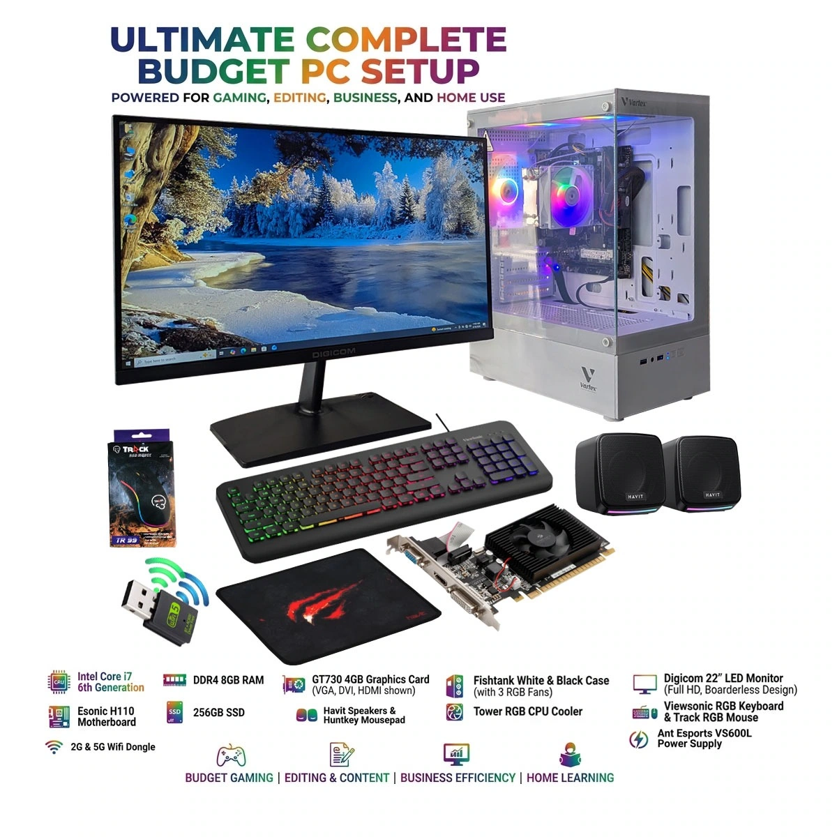 Intel Core i7 6th Gen Gaming Desktop Computer Set | 8GB DDR4 RAM | 256GB SSD | 22-Inch Full HD Monitor