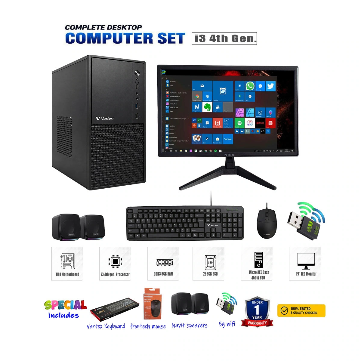 Desktop Computer Set – Intel Core i3 4th Generation | 8GB RAM | 256GB SSD | 19" LED Monitor