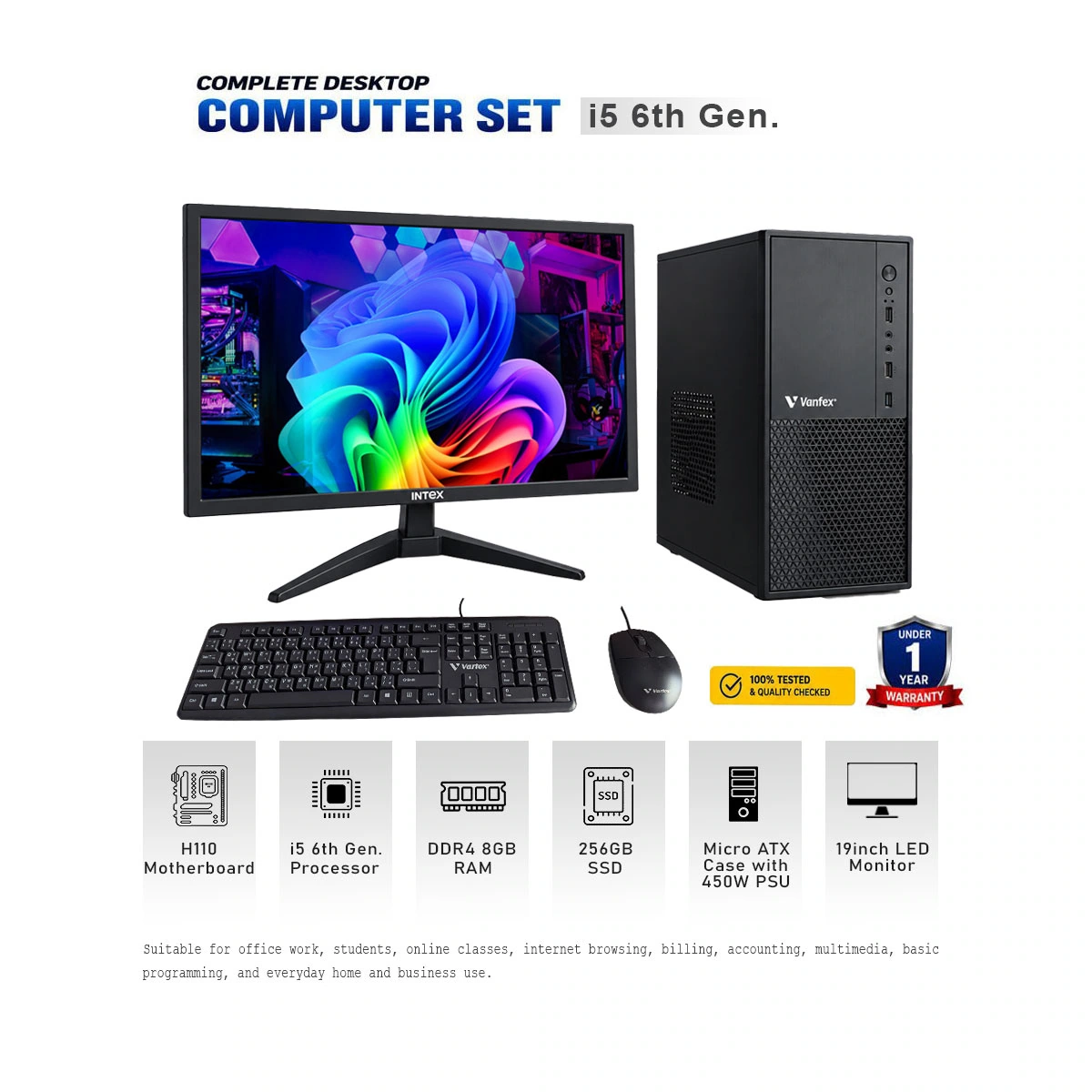 Intel Core i5 6th Generation Desktop Computer Set | 8GB DDR4 RAM | 256GB SSD | 19" LED Monitor
